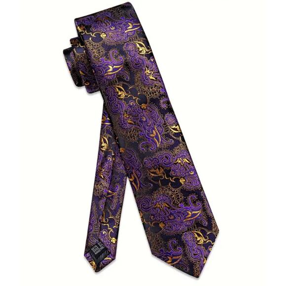 Men’s Silk Coordinated Tie Set - Purple & Gold Paisley - Picture 2 of 8